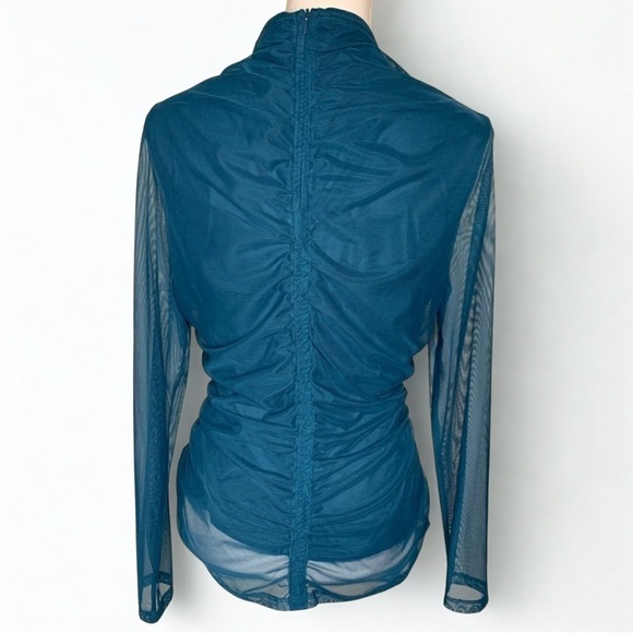 DKNY Women Long Sleeve Ruched Top Blouse Aqua blue green Medium - Picture 2 of 6